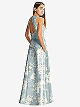 Rear View Thumbnail - Porcelain Blue Seraphina Floral Floral Sleeveless Open-Back Satin Junior Bridesmaid Dress