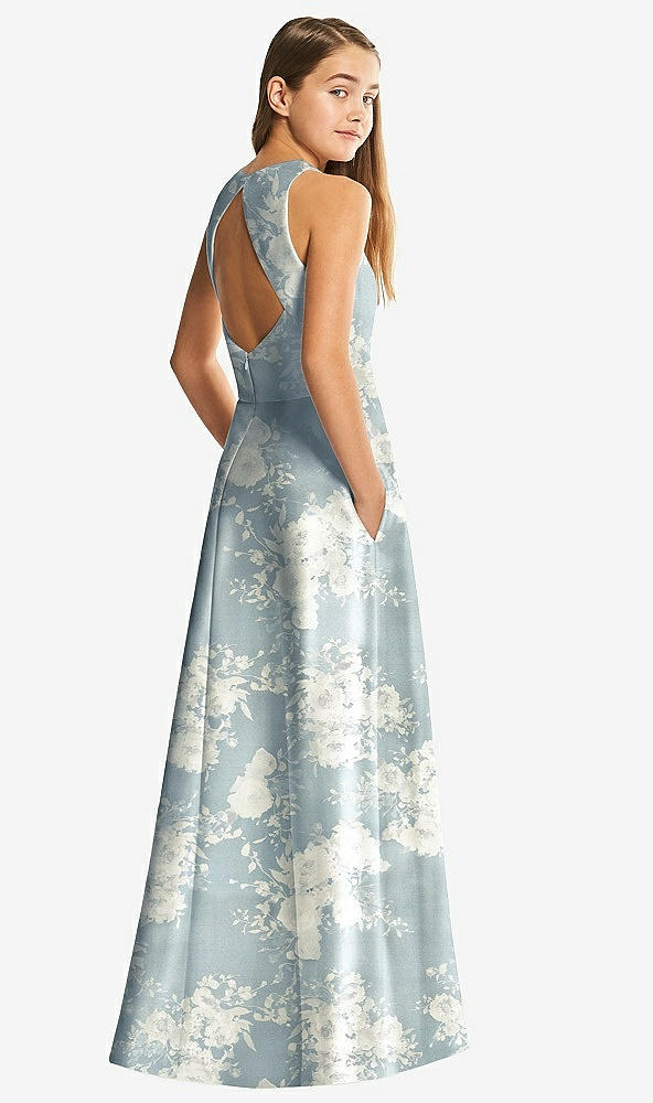 Back View - Porcelain Blue Seraphina Floral Floral Sleeveless Open-Back Satin Junior Bridesmaid Dress