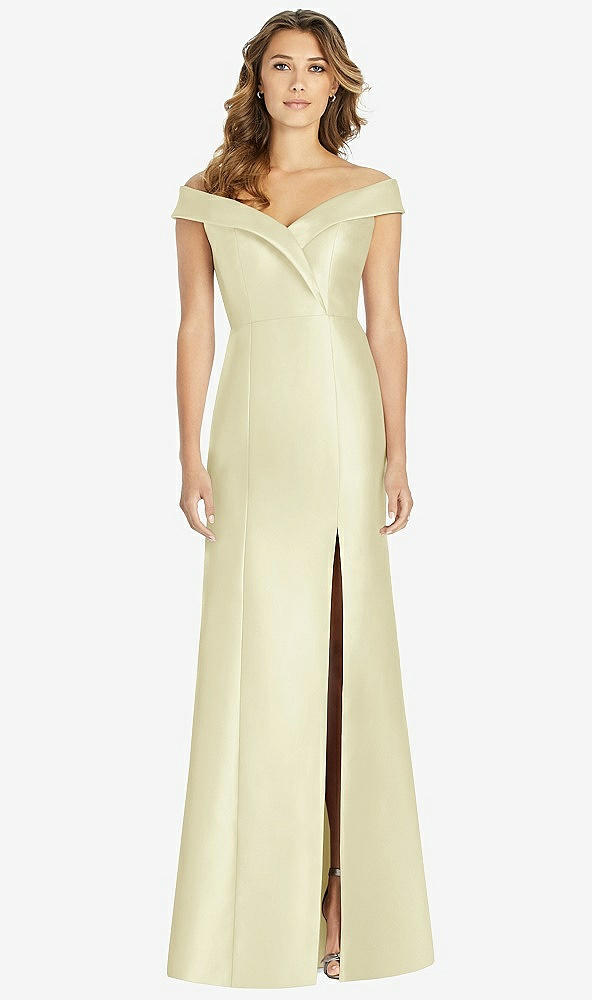 Front View - Butter Yellow Off-the-Shoulder Cuff Trumpet Gown with Front Slit