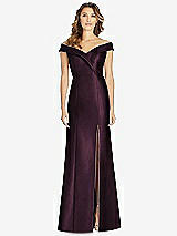 Front View Thumbnail - Deep Plum Off-the-Shoulder Cuff Trumpet Gown with Front Slit