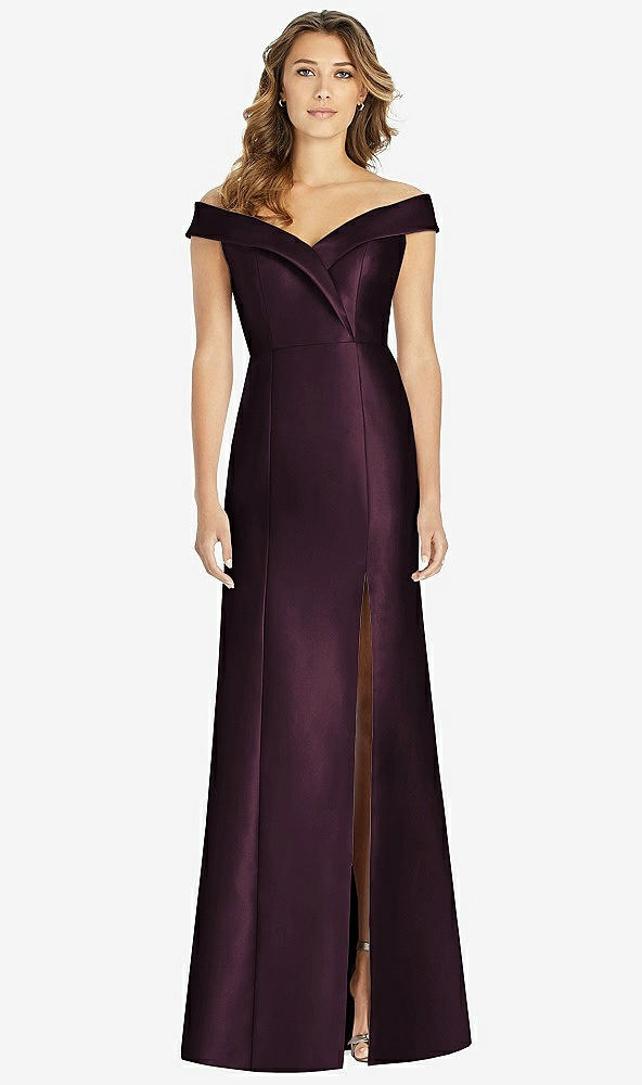 Front View - Deep Plum Off-the-Shoulder Cuff Trumpet Gown with Front Slit