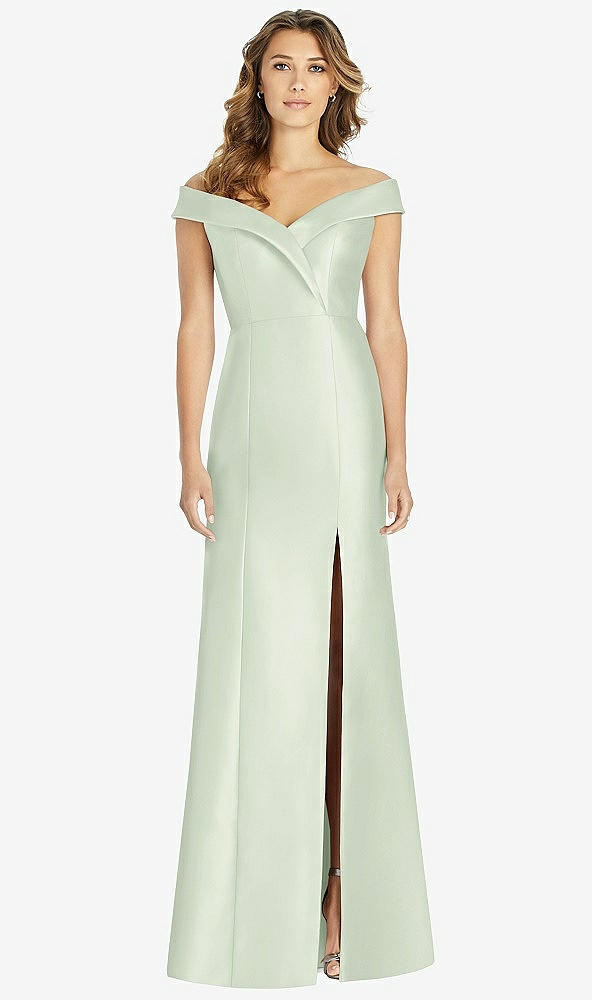 Front View - Mint Green Off-the-Shoulder Cuff Trumpet Gown with Front Slit