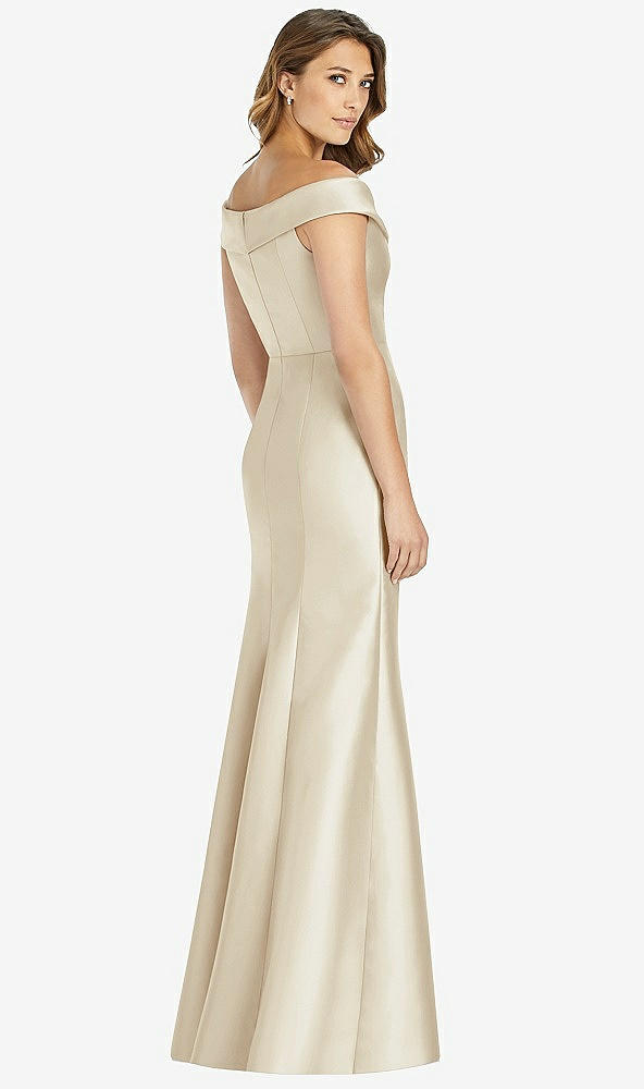 Back View - Champagne Off-the-Shoulder Cuff Trumpet Gown with Front Slit