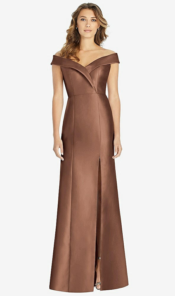 Front View - Cognac Off-the-Shoulder Cuff Trumpet Gown with Front Slit