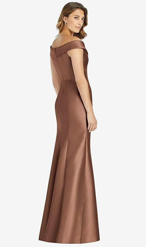 Back View - Cognac Off-the-Shoulder Cuff Trumpet Gown with Front Slit