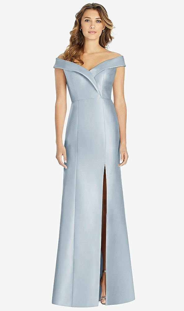 Front View - Mist Off-the-Shoulder Cuff Trumpet Gown with Front Slit