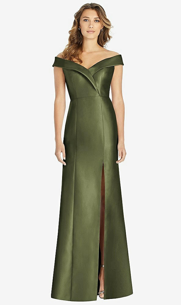 Front View - Olive Green Off-the-Shoulder Cuff Trumpet Gown with Front Slit