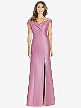 Front View Thumbnail - Powder Pink Off-the-Shoulder Cuff Trumpet Gown with Front Slit