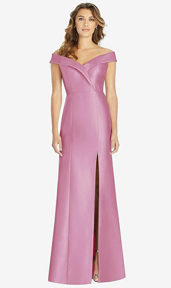 Front View - Powder Pink Off-the-Shoulder Cuff Trumpet Gown with Front Slit