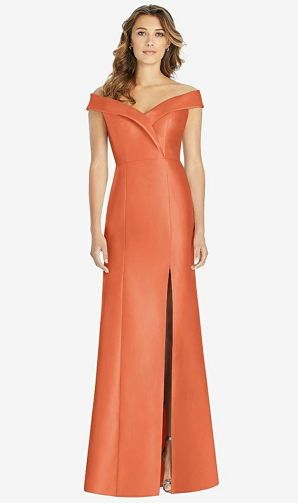 Front View - Portofino Orange Off-the-Shoulder Cuff Trumpet Gown with Front Slit
