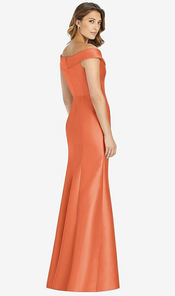 Back View - Portofino Orange Off-the-Shoulder Cuff Trumpet Gown with Front Slit