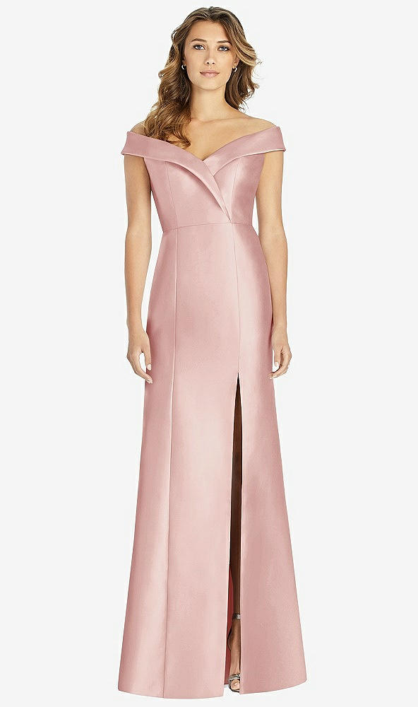 Front View - Rose Off-the-Shoulder Cuff Trumpet Gown with Front Slit