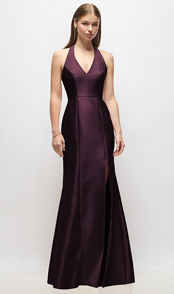 Front View - Deep Plum V-Neck Halter Satin Trumpet Gown