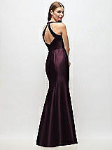 Rear View Thumbnail - Deep Plum V-Neck Halter Satin Trumpet Gown