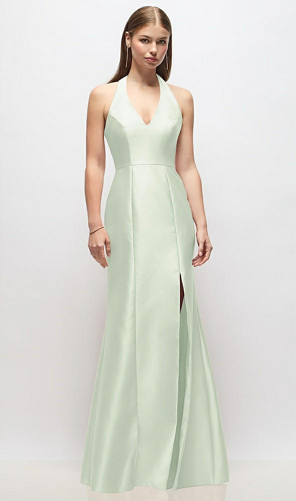 Front View - Mint Green V-Neck Halter Satin Trumpet Gown
