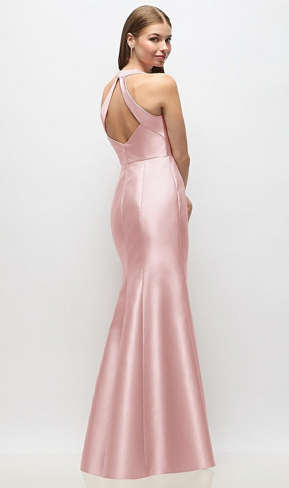 Back View - Ballet Pink V-Neck Halter Satin Trumpet Gown