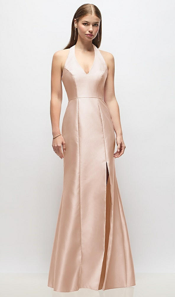 Front View - Cameo V-Neck Halter Satin Trumpet Gown