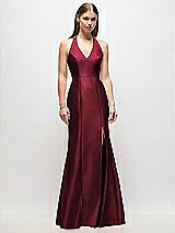 Front View Thumbnail - Cabernet V-Neck Halter Satin Trumpet Gown