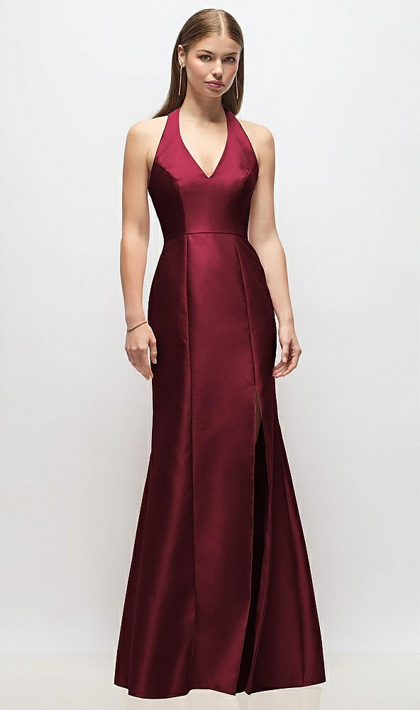 Front View - Cabernet V-Neck Halter Satin Trumpet Gown