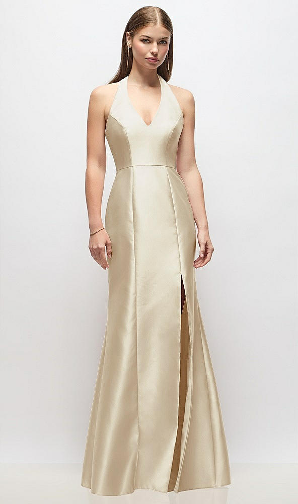 Front View - Champagne V-Neck Halter Satin Trumpet Gown