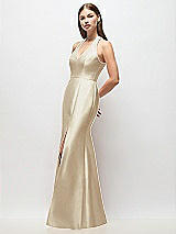 Side View Thumbnail - Champagne V-Neck Halter Satin Trumpet Gown