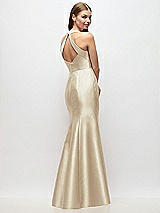 Rear View Thumbnail - Champagne V-Neck Halter Satin Trumpet Gown