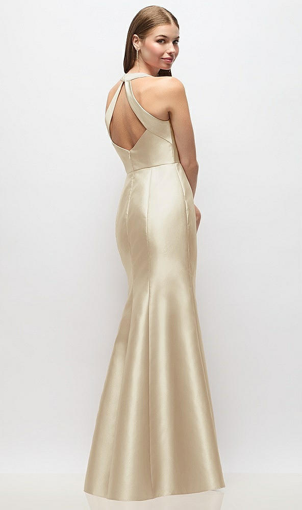 Back View - Champagne V-Neck Halter Satin Trumpet Gown