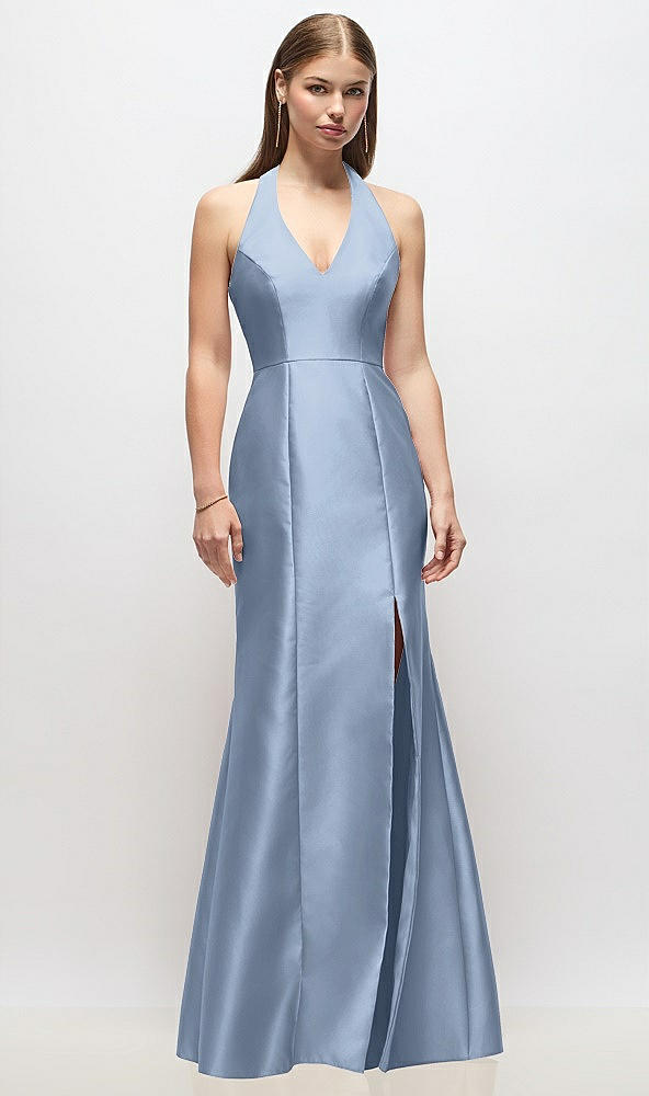 Front View - Cloudy V-Neck Halter Satin Trumpet Gown