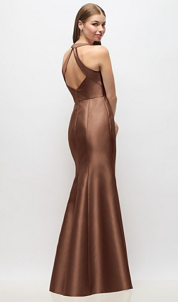 Back View - Cognac V-Neck Halter Satin Trumpet Gown