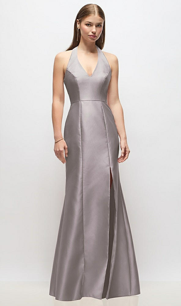 Front View - Cashmere Gray V-Neck Halter Satin Trumpet Gown