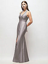 Side View Thumbnail - Cashmere Gray V-Neck Halter Satin Trumpet Gown