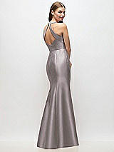 Rear View Thumbnail - Cashmere Gray V-Neck Halter Satin Trumpet Gown