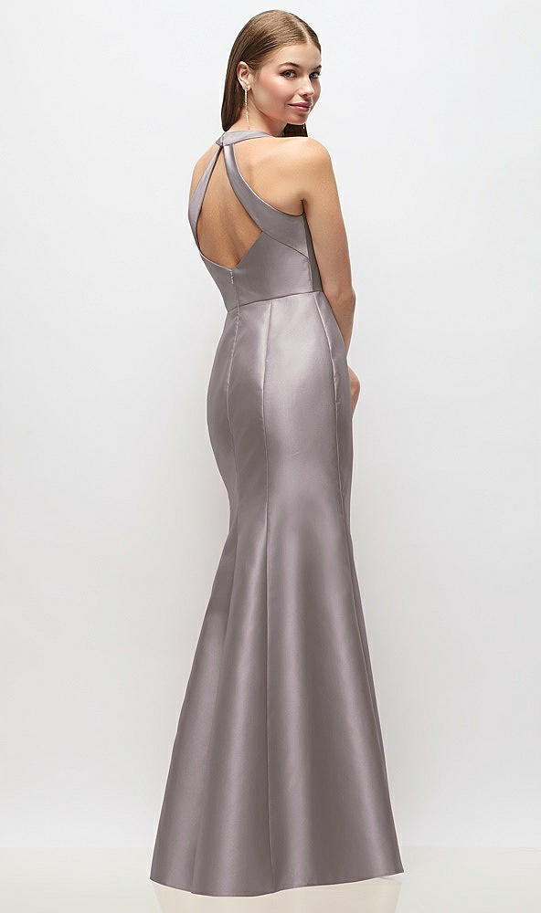 Back View - Cashmere Gray V-Neck Halter Satin Trumpet Gown