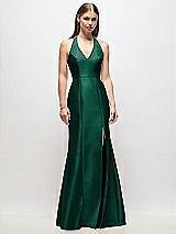 Front View Thumbnail - Hunter Green V-Neck Halter Satin Trumpet Gown