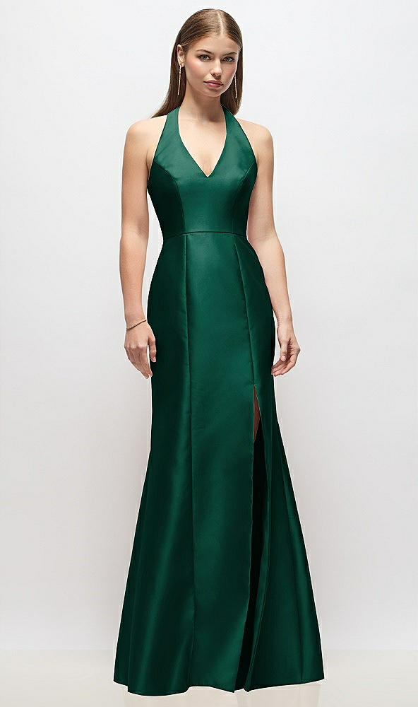 Front View - Hunter Green V-Neck Halter Satin Trumpet Gown