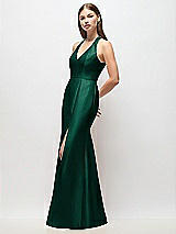 Side View Thumbnail - Hunter Green V-Neck Halter Satin Trumpet Gown