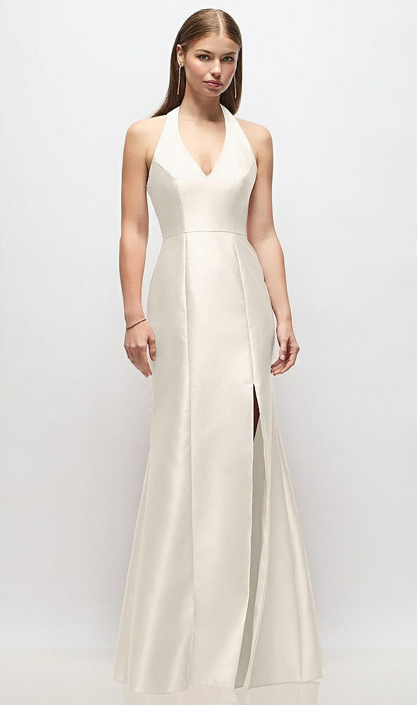 Front View - Ivory V-Neck Halter Satin Trumpet Gown