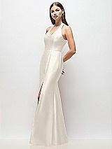 Side View Thumbnail - Ivory V-Neck Halter Satin Trumpet Gown