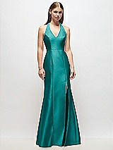 Front View Thumbnail - Jade V-Neck Halter Satin Trumpet Gown