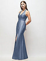 Side View Thumbnail - Larkspur Blue V-Neck Halter Satin Trumpet Gown