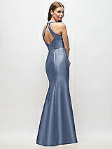 Rear View Thumbnail - Larkspur Blue V-Neck Halter Satin Trumpet Gown