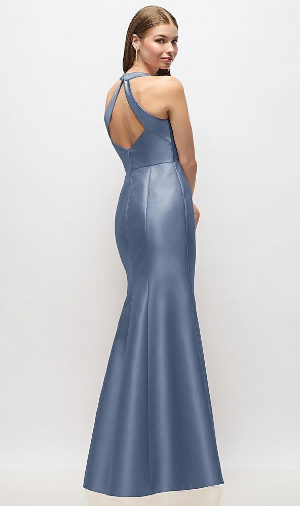 Back View - Larkspur Blue V-Neck Halter Satin Trumpet Gown