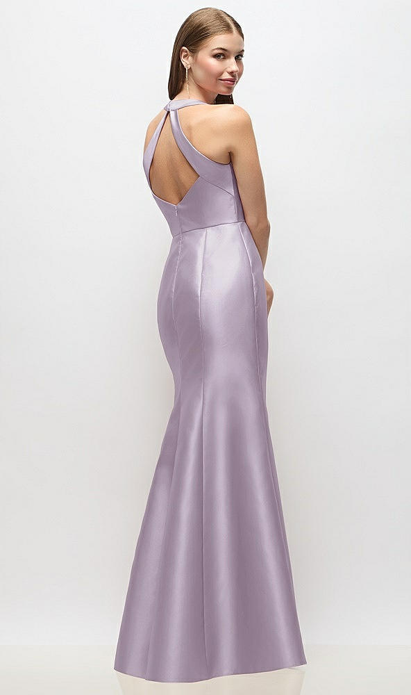 Back View - Lilac Haze V-Neck Halter Satin Trumpet Gown