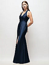 Side View Thumbnail - Midnight Navy V-Neck Halter Satin Trumpet Gown