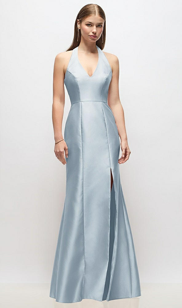 Front View - Mist V-Neck Halter Satin Trumpet Gown