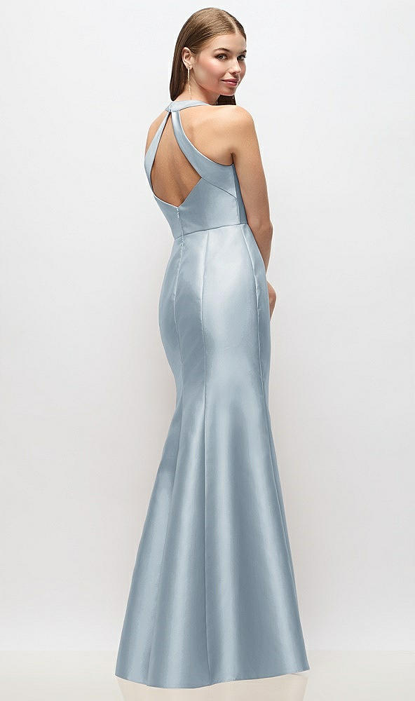 Back View - Mist V-Neck Halter Satin Trumpet Gown