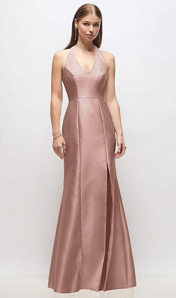 Front View - Neu Nude V-Neck Halter Satin Trumpet Gown