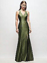 Front View Thumbnail - Olive Green V-Neck Halter Satin Trumpet Gown