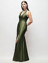 Side View Thumbnail - Olive Green V-Neck Halter Satin Trumpet Gown