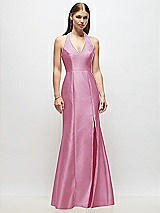 Front View Thumbnail - Powder Pink V-Neck Halter Satin Trumpet Gown